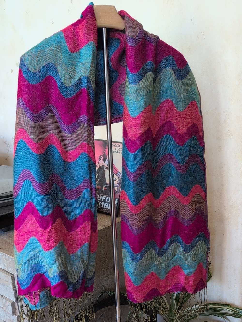 Pashmina Vibrant Multicolor Wavy Stripe Scarf in Fuchsia, Teal, Blue